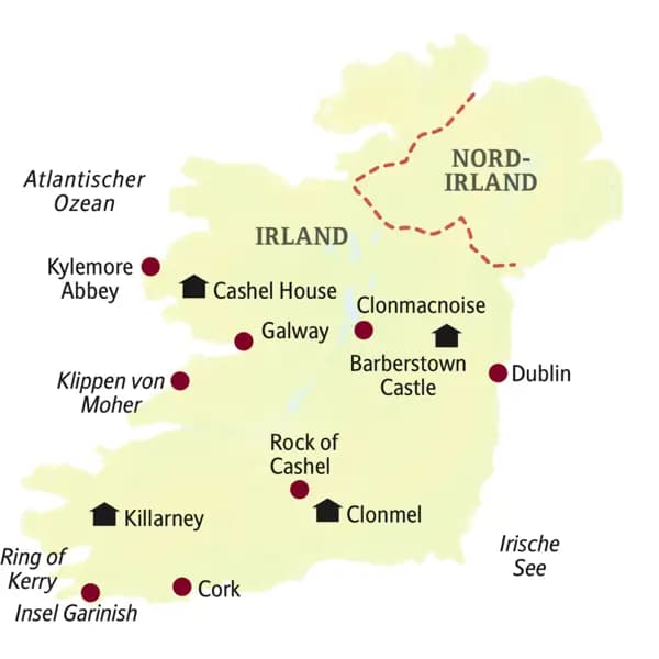 Unsere Reiseroute durch Irland führt über Dublin, Barberstown Castle, Clonmacnoise, Galway, Cashel House, Kylemore Abbey, Klippen von Moher, Killarney, Ring of Kerry, Cork, Rock of Cashel und Clonmel.