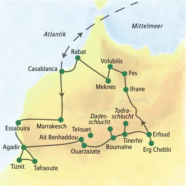 Auf unserer ausführlichsten Studienreise durch Marokko erleben wir das Land in all seinen Facetten: Die Königgstädte Rabat, Meknes, Fes und Marrakesch, die Straße der Kasbahs, die Gebirgslandschaften des Atlas und des Antiatlas sowie die Sanddünen der Sahara. Dazu das römische Erbe in Volubilis.