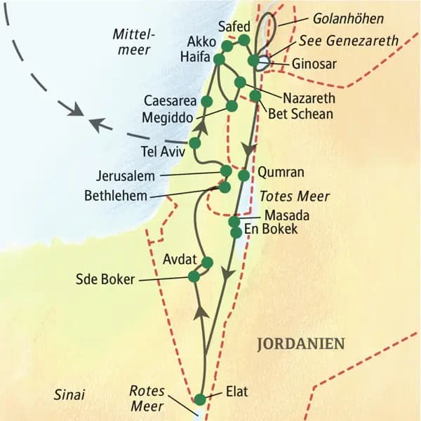 Reisekarte der Studiosus Studienreise nach Israel- mit den wichtgsten Stationen wie Tel Aviv, Caesarea, Haifa, See Genezareth Totes Meer, Elat, Avdat, Jerusalem und Bethlehem.