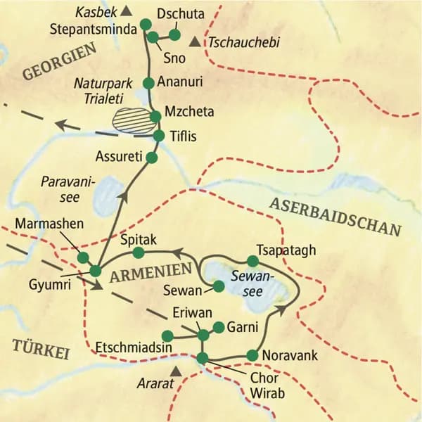 Unsere Reiseroute durch Armenien und Georgien startet in Eriwan und führt über Tsapatagh, Gyumri bis nach Tiflis. Auch Sewansee und Stepansminda erleben wir auf unserer 14-tägigen Wander-Studienreise.