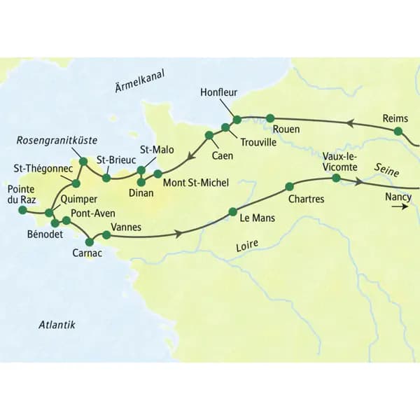 Die Reiseroute der Studienreise in die Normandie und in die Bretagne führt u.a. über Reims, Honfleur, St-Malo, Pointe du Raz, Carnac,Vannes und Chartres nach Nancy.