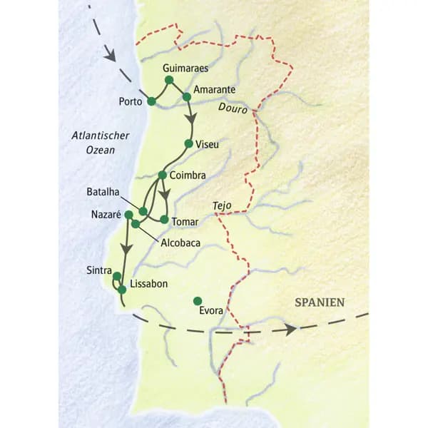 Die Karte zeigt den Verlauf der Studienreise Portugal - Höhepunkte: Porto, Guimaraes, Amarante, Viseu, Coimbra, Tomar, Alcobaca, Batalha, Nazaré, Lissabon, Sintra.