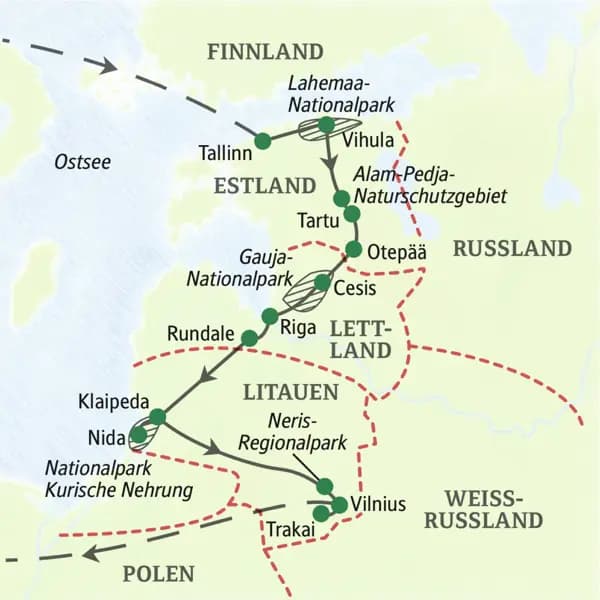 Die Reisekarte der Studiosus Wander-Studienreise durchs Baltikum mit Sehenswürdigkeiten wie dem Lahemaa-Nationalpark, dem Nationalpark Kurische Nehrung und dem Alam-Pedja-Naturschutzgebiet.