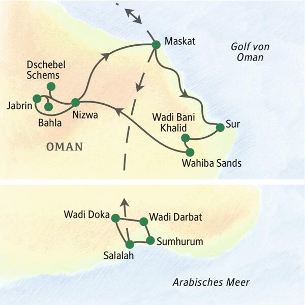 In zwölf Tagen auf einer umfassenden Studienreise den Oman erleben, davon sechs Tage Fahrt mit Geländewagen durch das Bergland und die Wüste, mit Abstecher nach Salalah im Weihrauchland Dhofar.