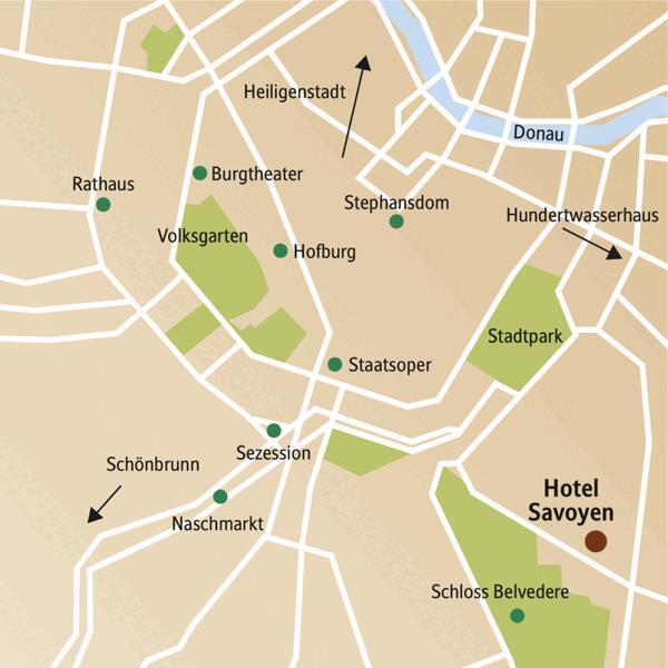 Vom Hotel Savoyen, ganz in der Nähe des Belvedere-Parks gelegen, erreichen Sie auf Ihrer fünftägigen Städtereise die schönsten Plätze Wiens bequem zu Fuß oder mit öffentlichen Verkehrsmitteln.