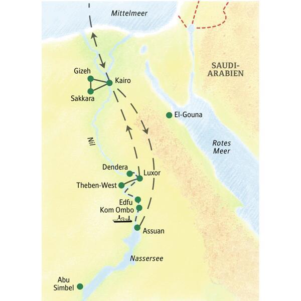 Mit dem Flugzeug erreichen Sie Kairo. Von dort aus werden Gizeh und Sakkara besucht. Dann Flug nach Assuan. Von dort aus geht es mit dem Schiff auf dem Nil Richtung Norden, Kom Ombo, Edfu, Esna und Dendera sind Stationen. Rückflug von Luxor nach Kairo und von dort in die Heimat.