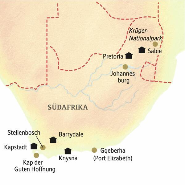 Stationen unserer Rundreise in kleiner Gruppe durch Südafrika: Sabie, Pretoria, Knysna, Barrydale und Constantia bei Kapstadt.