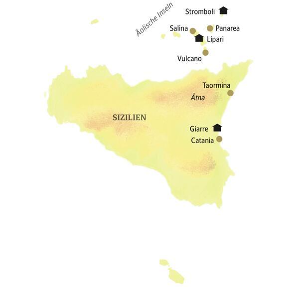 Unsere Reiseroute in kleiner Gruppe auf den Äolischen Inseln beginnt in Lipari, führt uns nach Stromboli und Catania. Wir machen einen Bootsausflug zur Insel Vulcano und wandern am Vulkanhang zur Sciara del Fuocom, dem "Weg des Feuers".