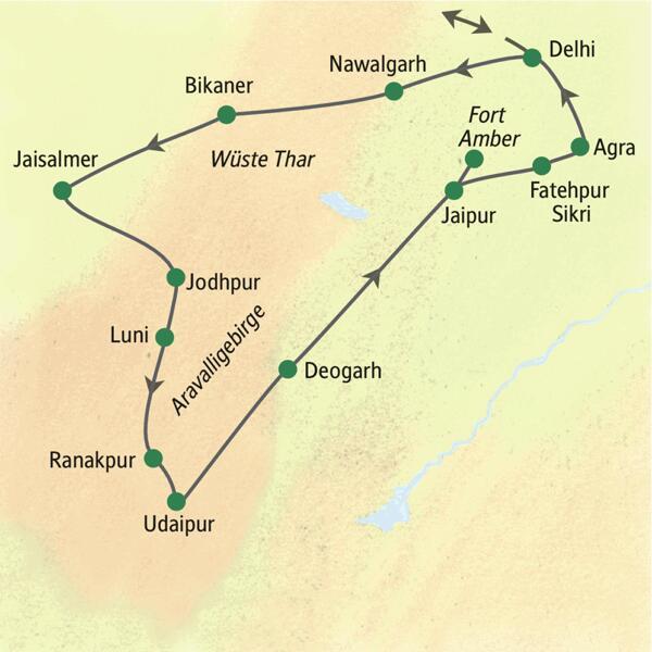 Die Karte zeigt den Verlauf der 15-tägigen Studienreise Rajasthan - zum Kennenlernen: Delhi, Nawalgarh, Bikaner, Jaisalmer, Jodhpur, Luni, Ranakpur, Udaipur, Deogarh, Jaipur, Fatehpur Sikri und Agra.