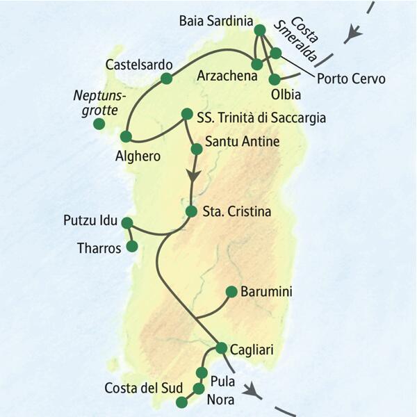 Höhepunkte auf unserer Studienreise nach Sardinien unter anderem: Olbia, Alghero, Putzu Idu, Pula und Cagliari.