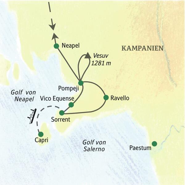 Die Stationen der Studienreise zum Golf von Neapel: Neapel, Pompeji, Vico Equense, Sorrent, Ravello, Paestum und Capri.