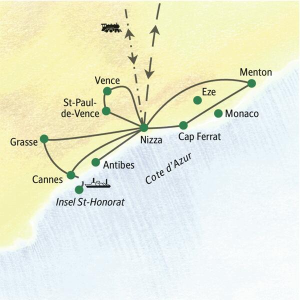 Auf unserer Studienreise an die Cote d'Azur starten wir von Nizza aus u.a. zu Ausflügen zum Cap Ferrat, nach Menton, Vence und Cannes sowie zur Insel St-Honorat. Auf Wunsch auch nach Monaco.