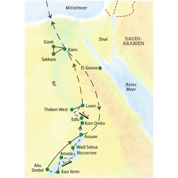 Stationen der 14-tägigen Kreuzfahrt-Studienreise Ägypten - Nassersee, Nil und Kairo sind Assuan, Abu Simbel, Kom Ombo, Edfu, Luxor, Gizeh und Sakkara.