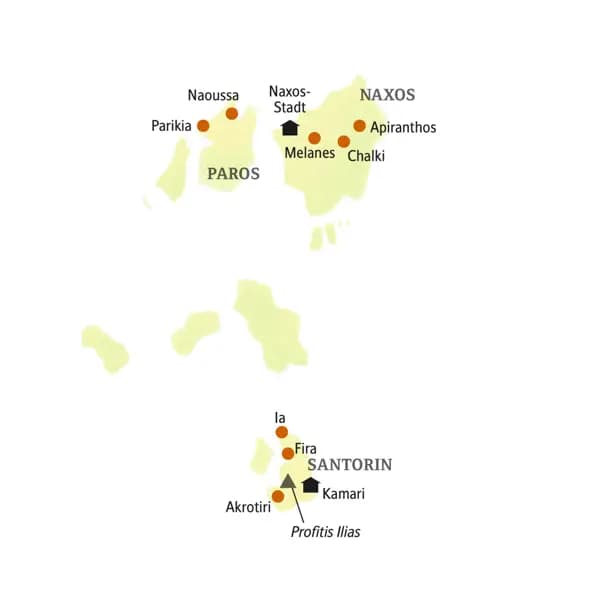 Auf den beiden Kykladeninseln Santorin und Naxos sehen Sie z. B. Parikia, Naoussa, Melandes und Chalki.