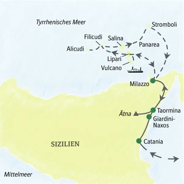 Auf dieser Naturstudienreise lernen Sie alle sieben Äolischen Inseln, wie beispielsweise Stromboli, Lipari und Salina, kennen, plus den Ätna auf Sizilien.