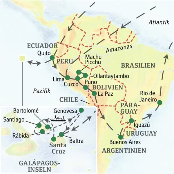 Unsere Reiseroute auf dieser Studienreise durch Südamerika startet in Lima, Ollantaytambo, Cuzco, Puno, Buenos Aires und Iguazo bis nach Rio de Janeiro.