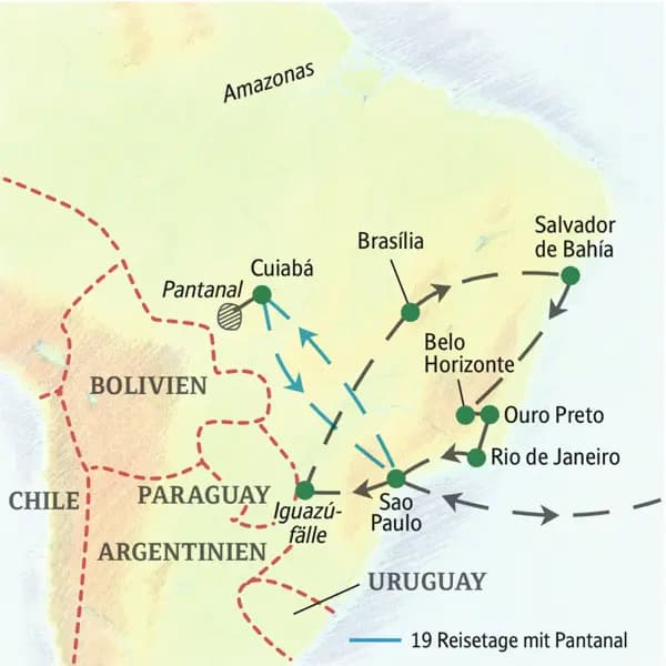 Unsere Reiseroute durch Brasilien startet in Salvador und führt über Brasilia, Manaus, Belo Horizonte bis nach Rio de Janeiro. Wir erleben auf dieser Studienreise auch die Iguazúfälle.
