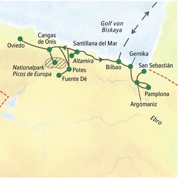 Wichtigste Stationen dieser Studienreise durch Nordspanien: Bilbao, Oviedo, Picos de Europa, Altamira, San Sebastián und Pamplona.