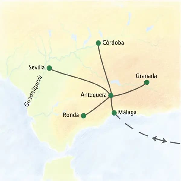 Unsere achttägige Studienreise nach Andalusien führt uns auf Tagesausflügen von Antequera nach Sevilla, Córdoba, Ronda und Granada.