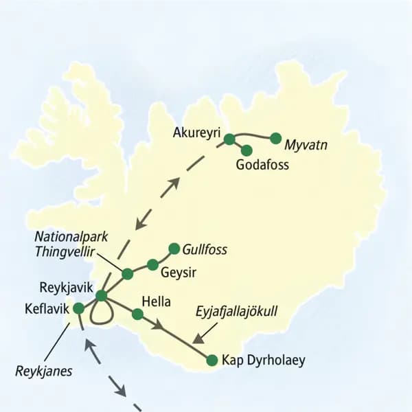 Die Stationen unserer Studienreise  nach Island sind u.a. Keflavik, Reykjavik, Akureyri, Myvatn, Godafoss, Hella.