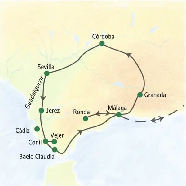 Unsere Studiosus-Reise mit Muße durch Andalusien führt uns von Málaga aus in die Städte Granada, Córdoba, Sevilla, Jerez, Cádiz, Conil sowie Ronda.