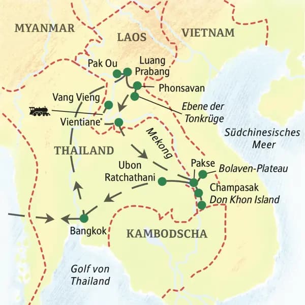 Laos auf einer 15-tägigen Studienreise von Nord nach Süd erleben: Gehen Sie an Bord unseres Mekongschiffes nach Luang Prabang und genießen Sie in Südlaos Ihre Lodge am Mekong!