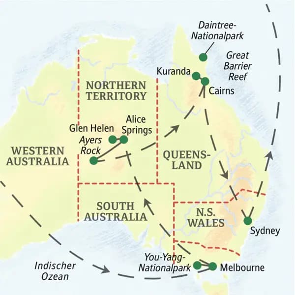 Die Karte zeigt den Verlauf unserer 17-tägigen Studienreise Australien - Höhepunkte des Kontinents: Melbourne, Alice Springs, Ayers Rock, Cairns, Kuranda, Sydney.