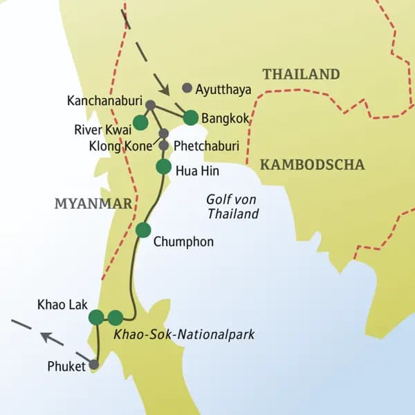 Auf der 14-tägigen Studiosus-Singlereise nach Thailand entdecken Sie neben der Hauptstadt Bangkok viele weitere tolle Orte wie Ayutthaya, Kanchanaburi, das Seebad Hua Hin, die Khao-Luang-Höhlen, den Khao-Sok-Nationalpark und den Badeort Khao Lak.