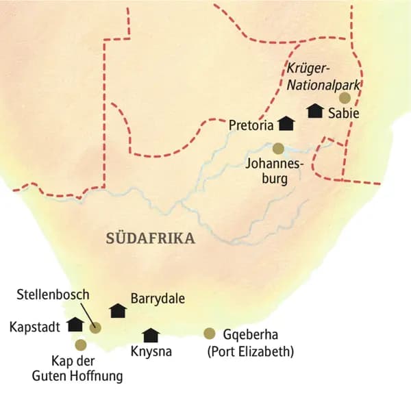 Stationen unserer Rundreise in kleiner Gruppe durch Südafrika:  Sabie, Pretoria, Knysna, Barrydale und Constantia bei Kapstadt.