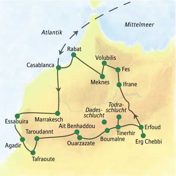 Auf unserer ausführlichsten Studienreise durch Marokko erleben wir das Land in all seinen Facetten: Die Königgstädte Rabat, Meknes, Fes und Marrakesch, die Straße der Kasbahs, die Gebirgslandschaften des Atlas und des Antiatlas sowie die Sanddünen der Sahara. Dazu das römische Erbe in Volubilis.