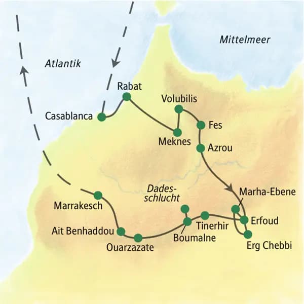 Auf dieser Studienreise durch Marokko erleben Sie nicht nur die Königsstädte und die Straße der Kasbahs. In Volubilis wird die römische Vergangenheit des Landes lebendig. Und als ganz besonderer Höhepunkt erwartet Sie eine Nacht in einem Hotel direkt an den Sanddünen der Sahara am Erg Chebbi.