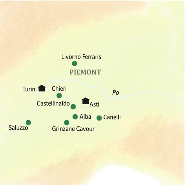 Unsere Reiseroute durch das Piemont führt u.a. über Turin, Canelli, Chieri, Asti, Alba und Saluzzo.