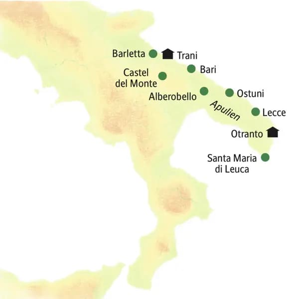 Auf der Karte der smart & small-Reise durch Apulien sind unter anderem die Hotelstandorte Trani und Otranto eingezeichnet. Zudem noch die Ortschaften Barletta, Bari, Castel del Monte, Alberobello, Ostuni, Lecce und Santa Maria di Leuca.