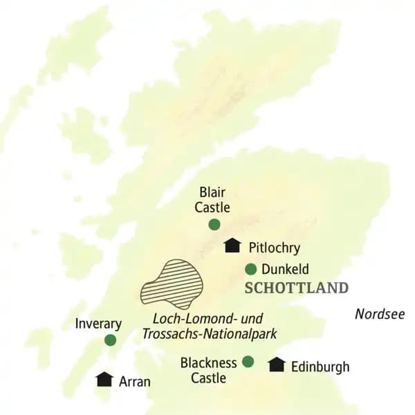 Die Karte zeigt die Hotelstandorte und Highlights unserer Schottlandreise in kleiner Gruppe: Edinburgh, Dunkeld, Pitlochry, Blair Castle, Arran, Blackness Castle.