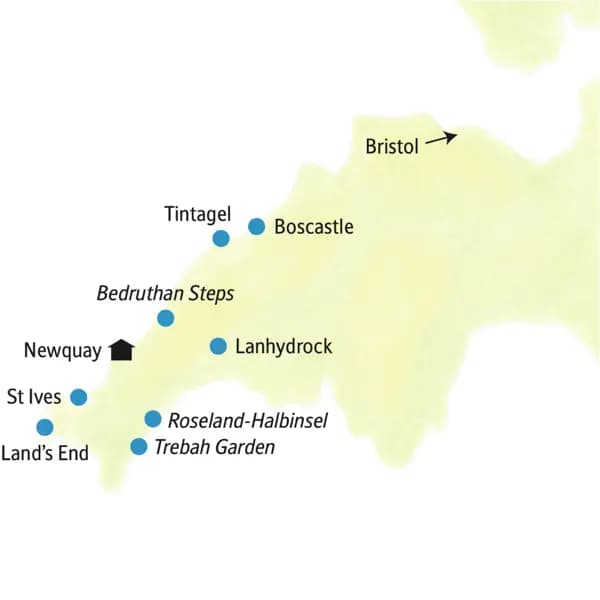 Die Karte zeigt den Hotelstandort und die Highlights unserer Cornwall-Reise in kleiner Gruppe, wie Boscastle, Bedruthan Steps, Newquay, St Ives, Land's End, Trebah Garden, Lanhydrock.