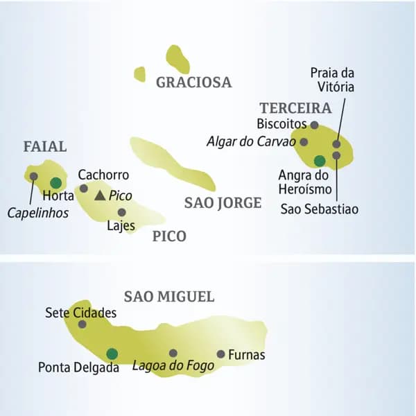 Die Karte zeigt Orte auf den Azoreninseln Sao Miguel, Terceira, Pico und Fayal, die wir auf unserer Reise für Singles und Alleinreisende besuchen: Ponta Delgada, Sete Cidades, Furnas, Angra do Heroismo Lajes, Horta.