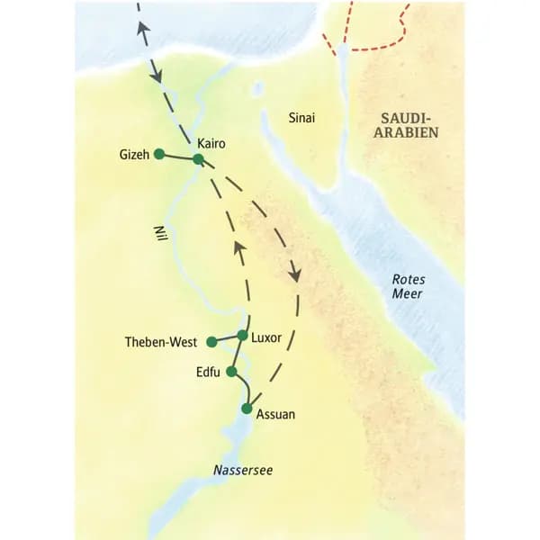 Die family-Reise von Studiosus nach Ägypten umfasst Aufenthalte in  Kairo, Gizeh, Assuan, Edfu, Luxor und Theben West.