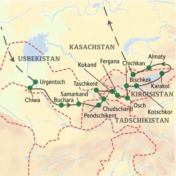 Die Karte zeigt den Verlauf unserer 19-tägigen Klassik-Studienreise durch Zentralasien: Urgentsch, Chiwa, Buchara, Samarkand, Pendschikent, Chudschand, Taschkent, Kokand, Fergana, Osch, Chichkan, Kotschkor, Almaty, Bischkek.