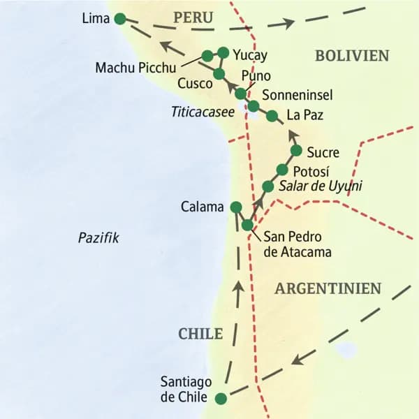 Unsere Reiseroute durch drei südamerikanische Länder startet in Santiago de Chile und führt über San Pedro, den Salzsee Salar de Uyuni, Potosí, Sucre, La Paz, den Titicacasee, Puno, Cusco und das Heilige Tal bis in die peruanische Hautpstadt Lima.