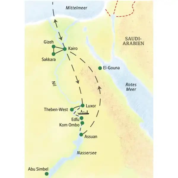 Auf der Studienreise Ägypten - Höhepunkte mit Nilkreuzfahrt kommen Sie nach Kairo, Gizeh, Sakkara, Luxor, Theben-West, Edfu, Kom Ombo und Assuan.