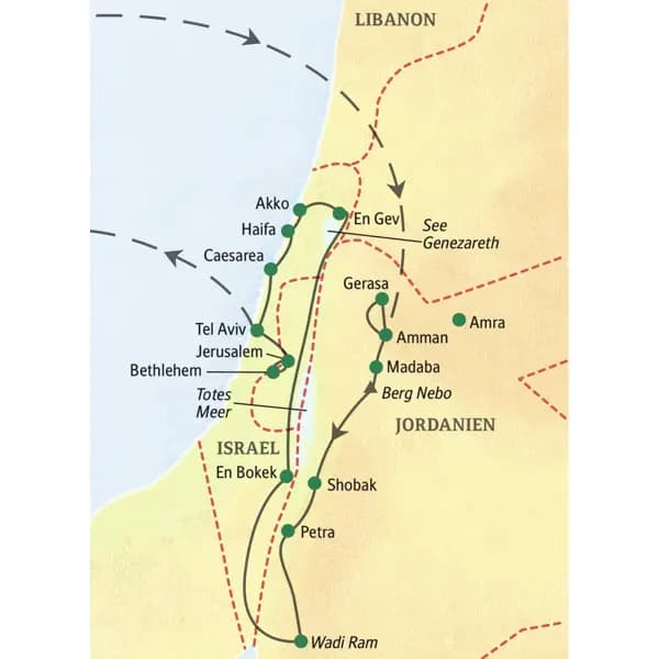 Die Reiseroute der Studiosusreise "Klassik: Jordanien- Israel umfassen erleben".