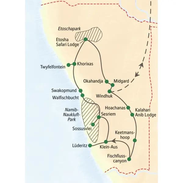 In 18 Tage erleben Sie auf dieser Rundreise alle Höhepunkte Namibias von Süd nach Nord.