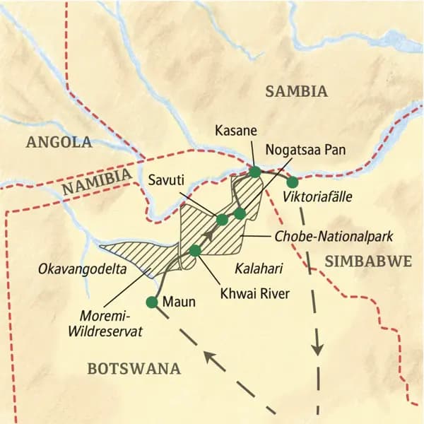 Unsere Studienreise beginnt in Maun, führt von Camp zu Camp auf Safari durch Botswana mit Chobe-Nationalpark. Grandioses Finale dieser Rundreise sind die Viktoriafälle.