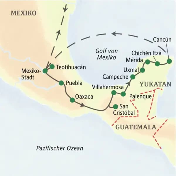 Die Reiseroute unserer 16-tägigen Studienreise durch Mexiko führt über Puebla, Oaxaca und San Cristóbal bis auf die Halbinsel Yukatan und dort über Uxmal und Chichén Itzá bis nach Cancún.