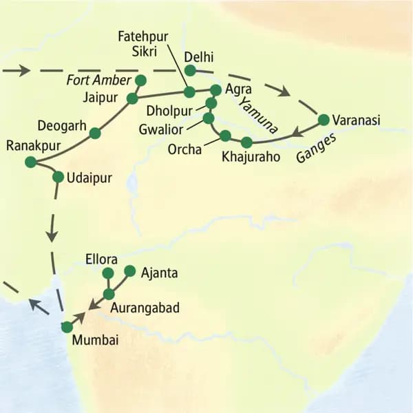 Die Karte zeigt die Route unserer Klassik-Studienreise Indien - Höhepunkte: Delhi, Varanasi, Khajuraho, Orcha, Gwalior, Dholpur, Agra, Fatehpur Sikri, Fort Amber, Jaipur, Deogarh, Ranakpur, Udaipur, Aurangabad, Ellora, Ajanta, Mumbai.