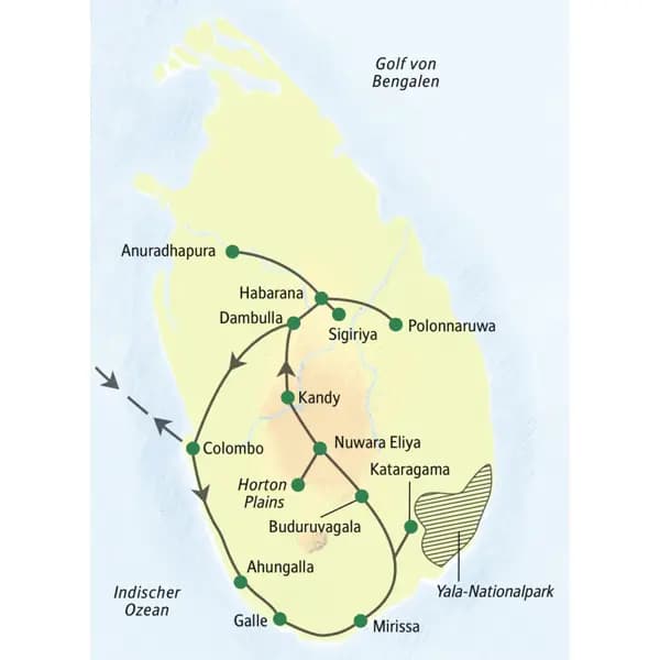 Die Reiseroute dieser von Colombo überKataragama und Habarana wieder zurück nach Colombo.