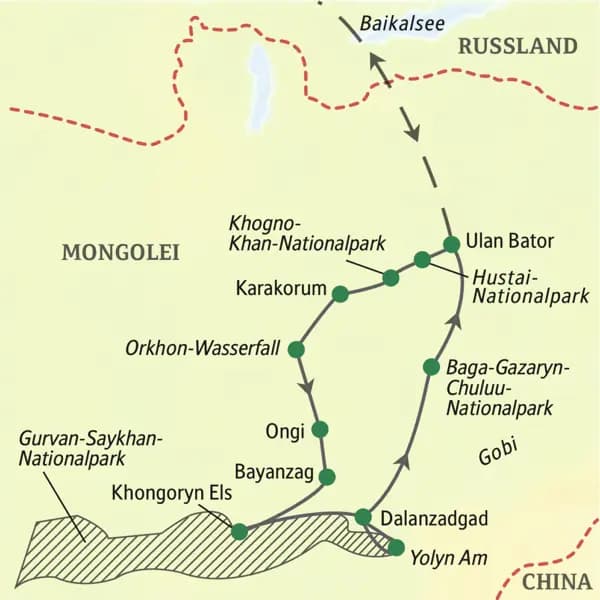 Die spannende Route dieser Expeditionsreise beginnt in der mongolischen Hauptstadt Ulan Bator, führt dann in den Süden zur Gobi und in den Gurvan-Saykhan-Nationalpark, später ins Orkhon-Tal und ins legendenumwobene Karakorum.