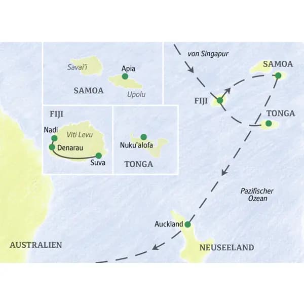 Diese Studienreise in die Südsee führt uns auf die Inseln Fiji, Samoa, Tonga und nach Auckland.