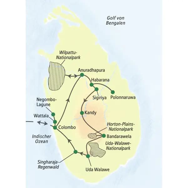 Die Reiseroute dieser Naturerlebnis-Reise führt von Colombo über Wilpattu, Anuradhapura, Sigiriya, Uda-Walawe, die Horton Plains und den Singharaja-Regenwald wieder nach Colombo.