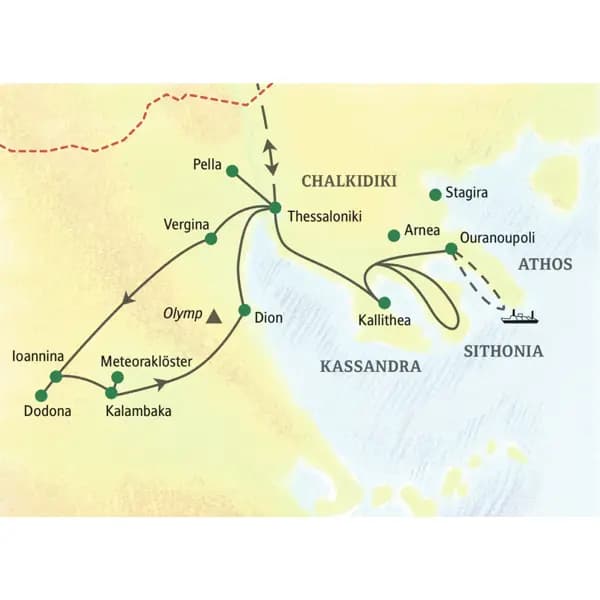 Unserer Reiseroute durch Nordgriechenland führt über Thessaloniki, Pella, Vergina, Ioannina, Dodona und Dion zu den Meteoraklöstern. Auch die Chalkidiki-Halbinsel erleben Sie auf dieser Studienreise.